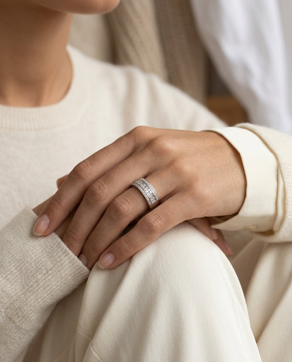 Round, Princess And Baguette Diamond Ring In 14k White Gold (9/10 Ct. Tw.) — editorial close-up