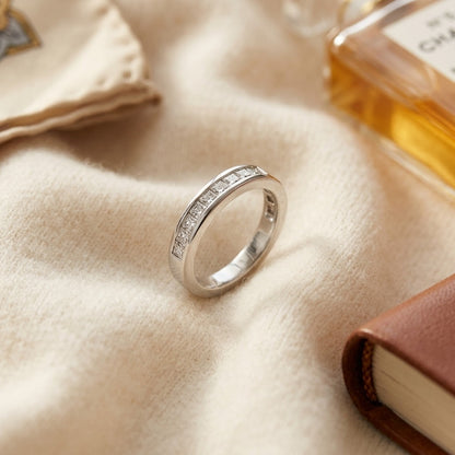 Diamond Princess Cut Channel Ring In 14k White Gold 1/2 Ctw — textile flat lay