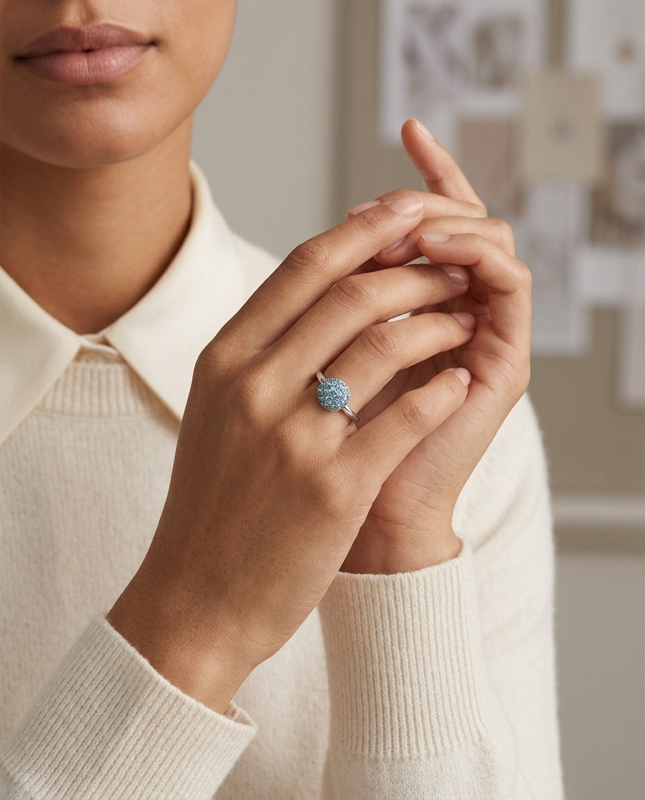 Blue Topaz Stackable Ring In 14k White Gold — editorial close-up