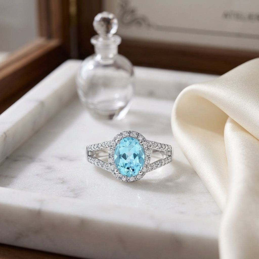 Aquamarine And Diamond Ring In 14k White Gold — atelier still life