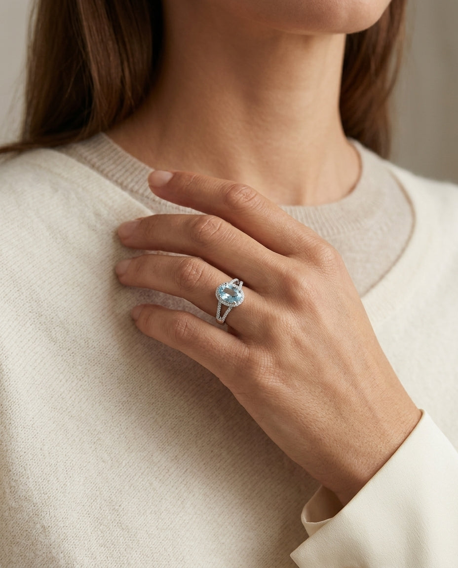 Aquamarine And Diamond Ring In 14k White Gold — editorial close-up
