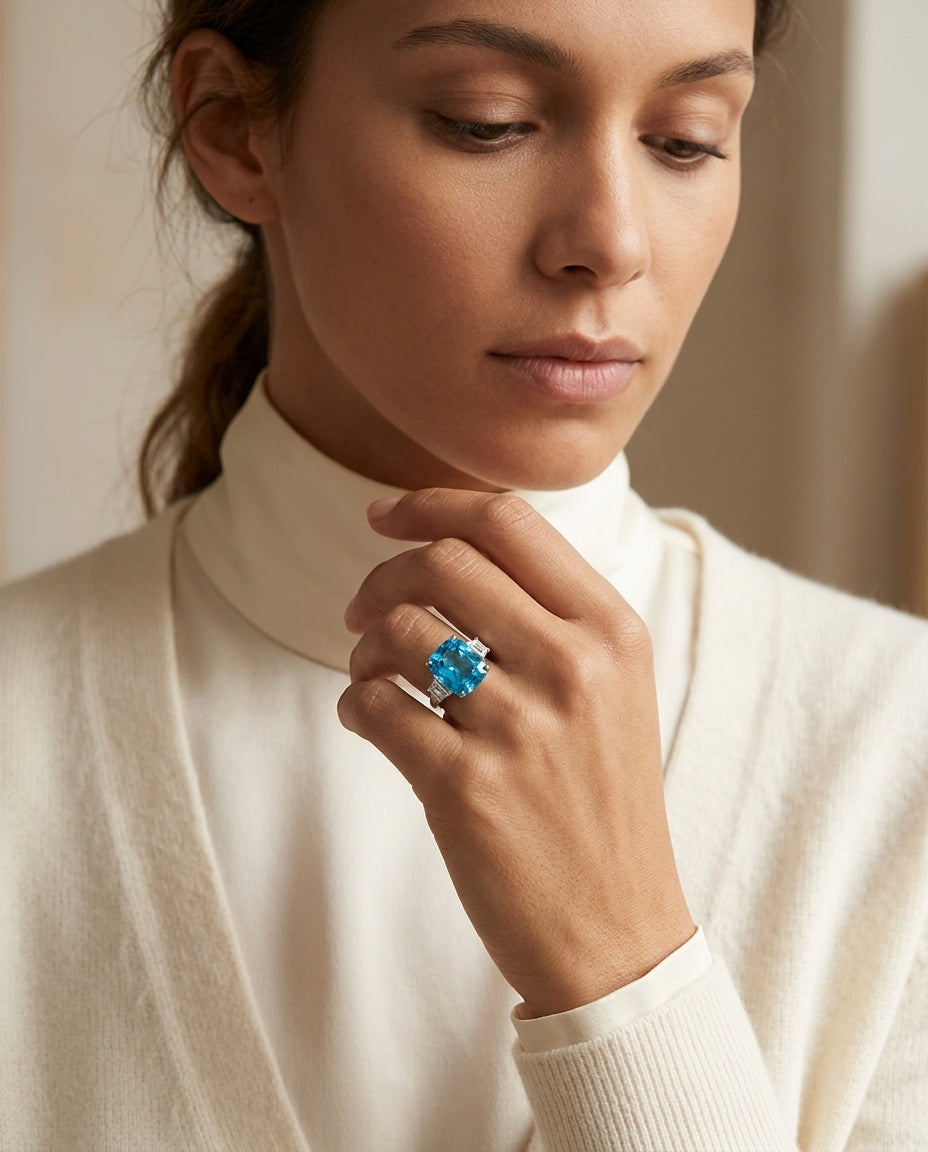 Blue Topaz Ring In 14k White Gold — editorial close-up