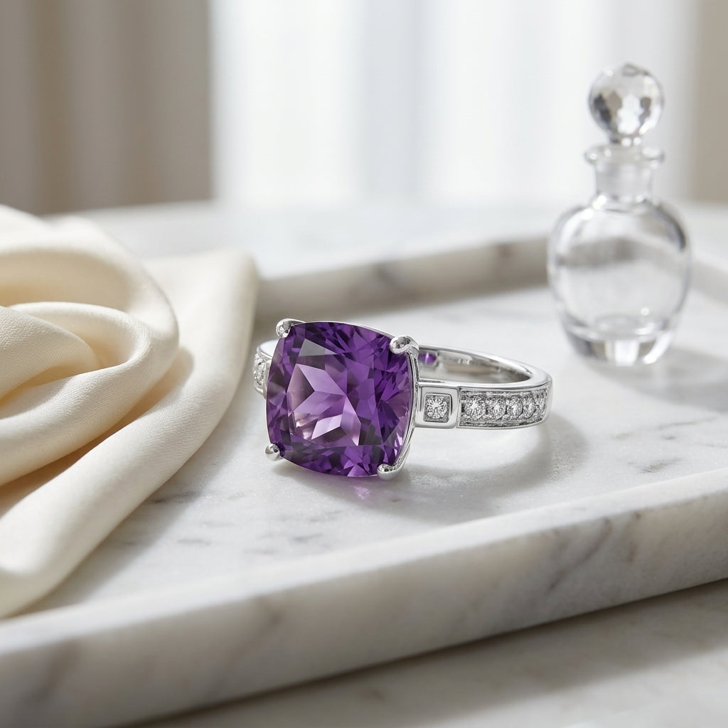 Cushion Cut Amethyst & Diamond Ring In 14k White Gold — atelier still life