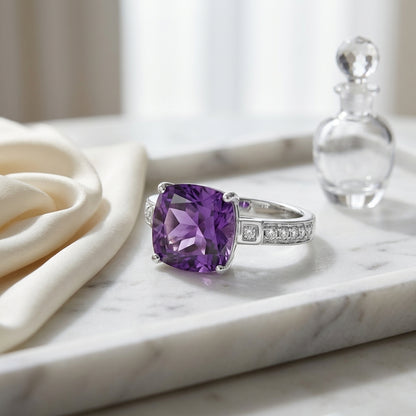 Cushion Cut Amethyst & Diamond Ring In 14k White Gold — atelier still life