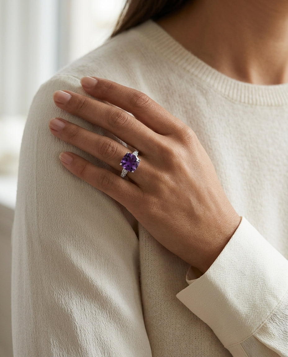 Cushion Cut Amethyst & Diamond Ring In 14k White Gold — editorial close-up