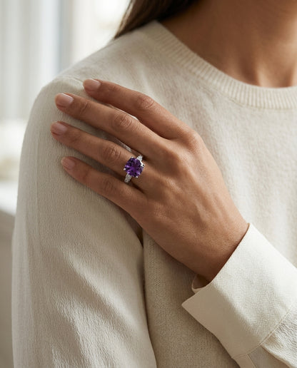 Cushion Cut Amethyst & Diamond Ring In 14k White Gold — editorial close-up