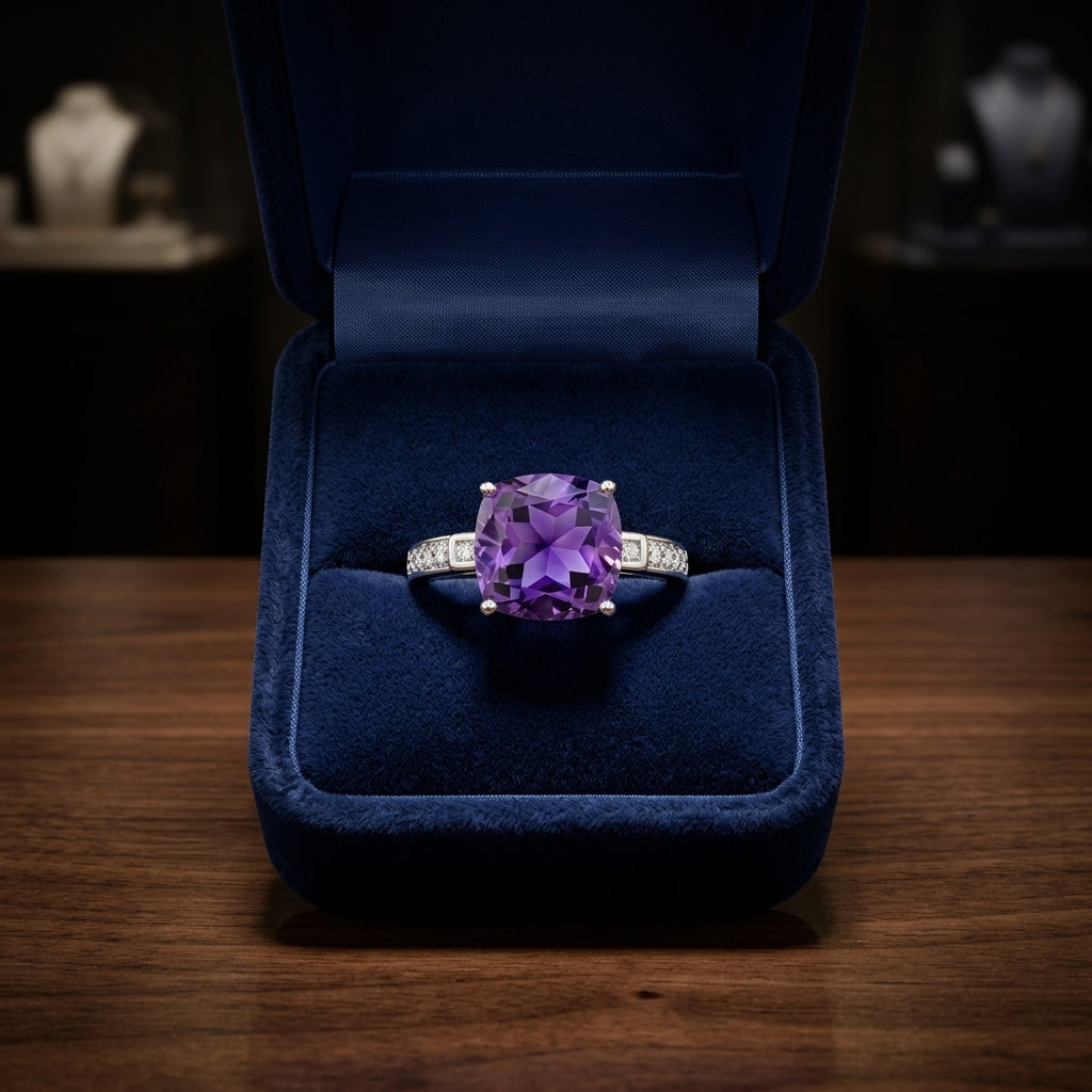 Cushion Cut Amethyst & Diamond Ring In 14k White Gold — gift presentation