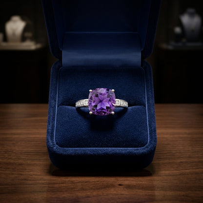 Cushion Cut Amethyst & Diamond Ring In 14k White Gold — gift presentation