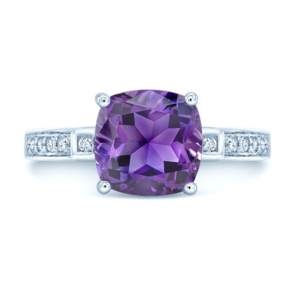 Cushion Cut Amethyst & Diamond Ring In 14k White Gold