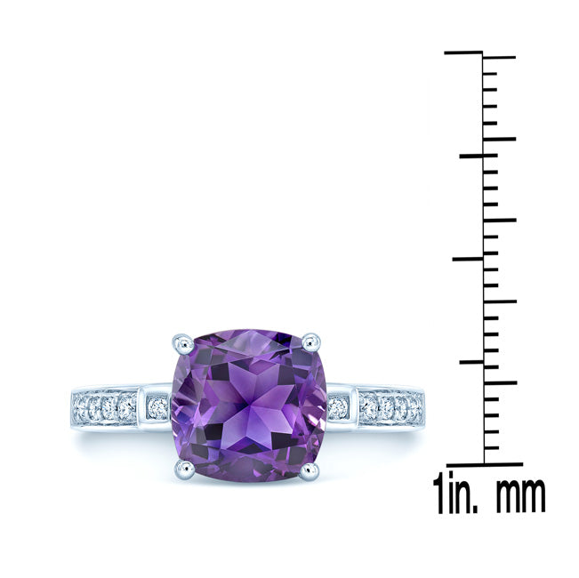 Cushion Cut Amethyst & Diamond Ring In 14k White Gold