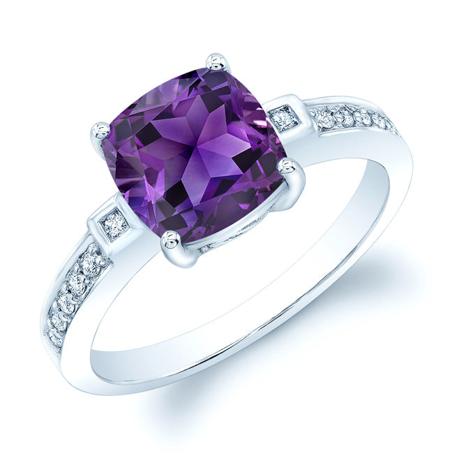 Cushion Cut Amethyst & Diamond Ring In 14k White Gold