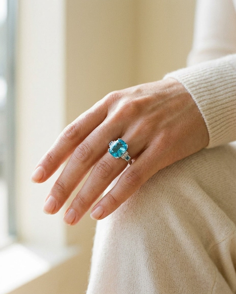 Swiss Blue Topaz and Diamond Step Ring 0.03ctw — portrait close