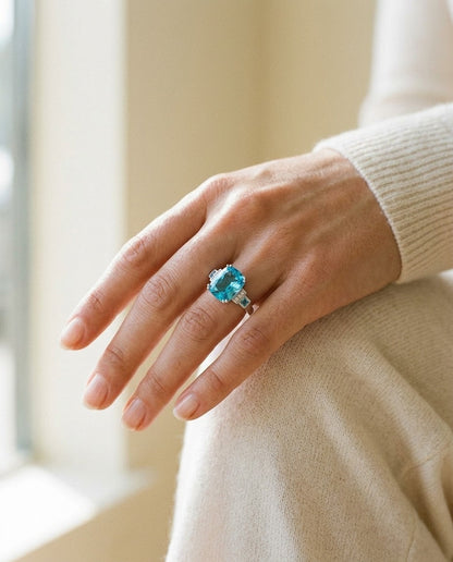 Swiss Blue Topaz and Diamond Step Ring 0.03ctw — portrait close