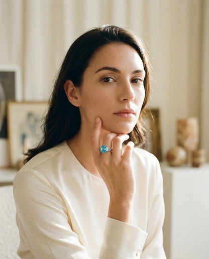 Swiss Blue Topaz and Diamond Step Ring 0.03ctw — portrait full