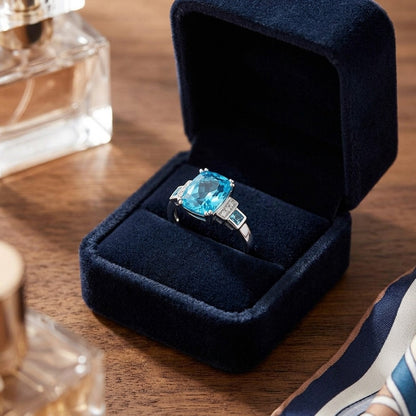 Swiss Blue Topaz and Diamond Step Ring 0.03ctw — velvet box