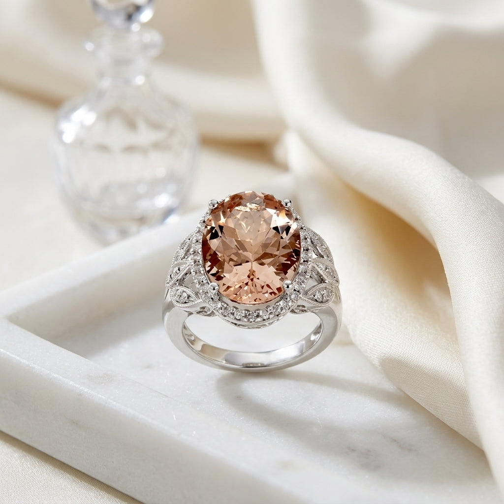 Morganite And Diamond Oval Halo Open Leaf Shank Cocktail Ring In 14k White Gold (size 5) — atelier still life