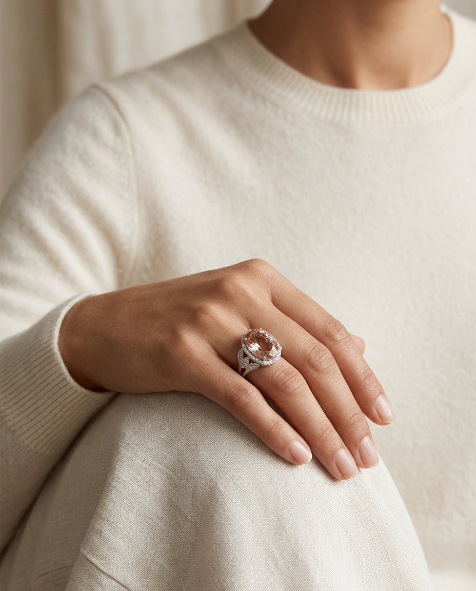 Morganite And Diamond Oval Halo Open Leaf Shank Cocktail Ring In 14k White Gold (size 5) — editorial close-up