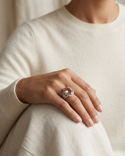 Morganite And Diamond Oval Halo Open Leaf Shank Cocktail Ring In 14k White Gold (size 5) — editorial close-up
