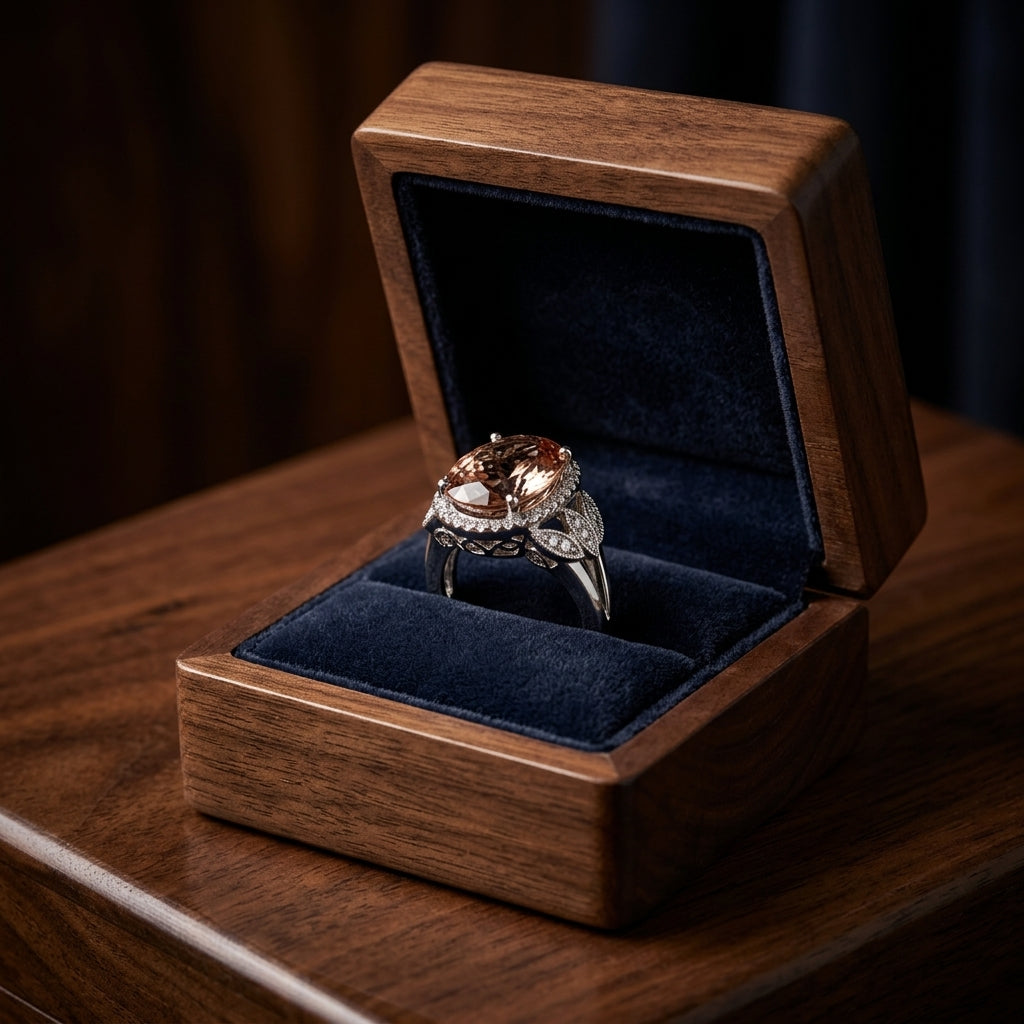 Morganite And Diamond Oval Halo Open Leaf Shank Cocktail Ring In 14k White Gold (size 5) — gift presentation