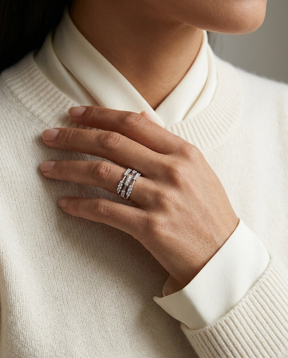 Diamond Illusion-triple Stack Ring In 14k White Gold — editorial close-up