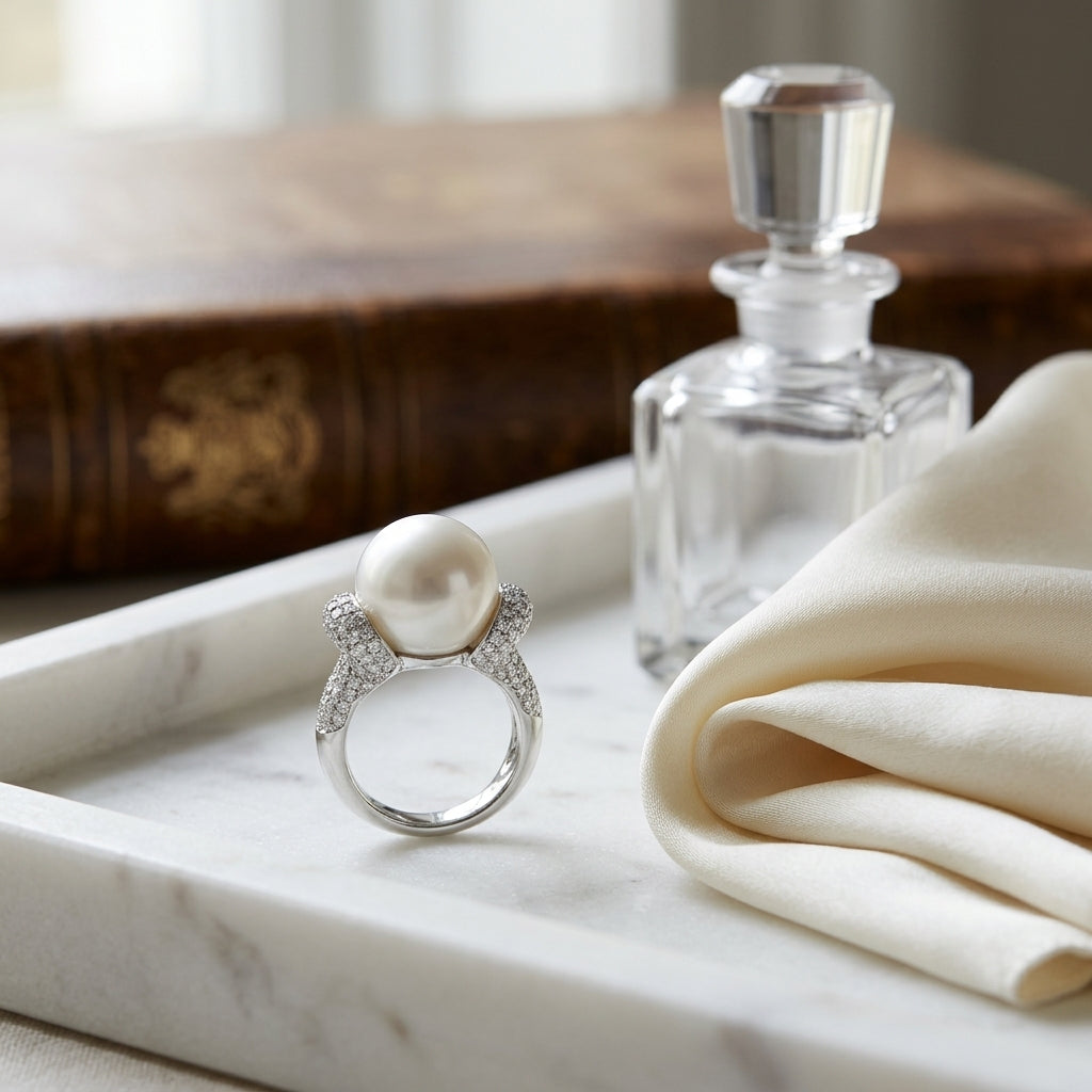 Black South Sea Pearl And Diamond Pave Ring In 14k White Gold (11.50mm) — atelier still life