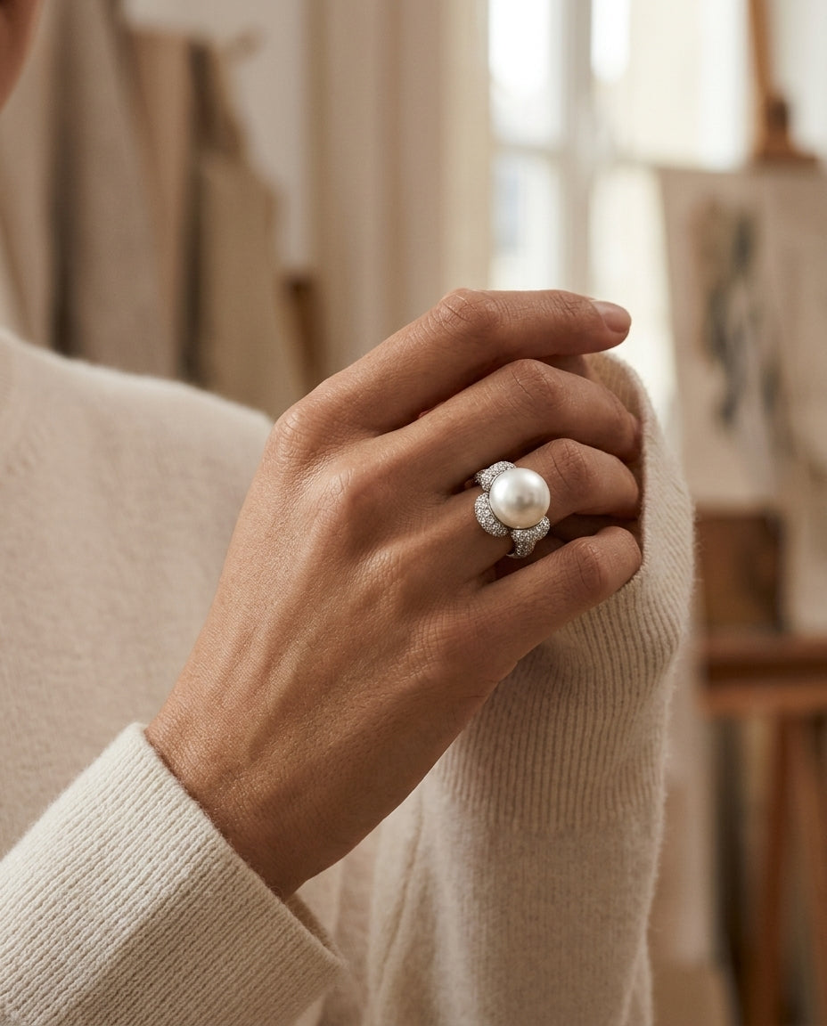 Black South Sea Pearl And Diamond Pave Ring In 14k White Gold (11.50mm) — editorial close-up