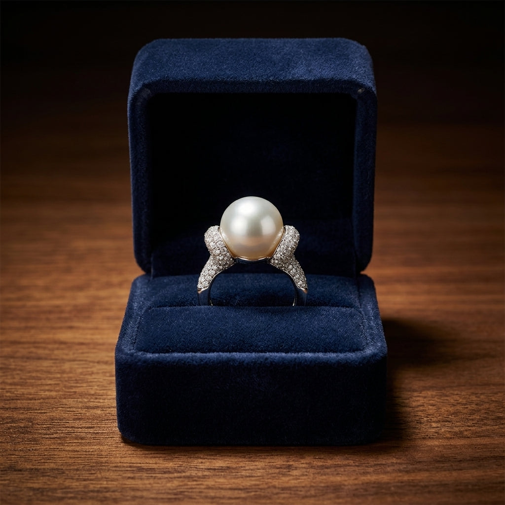 Black South Sea Pearl And Diamond Pave Ring In 14k White Gold (11.50mm) — gift presentation