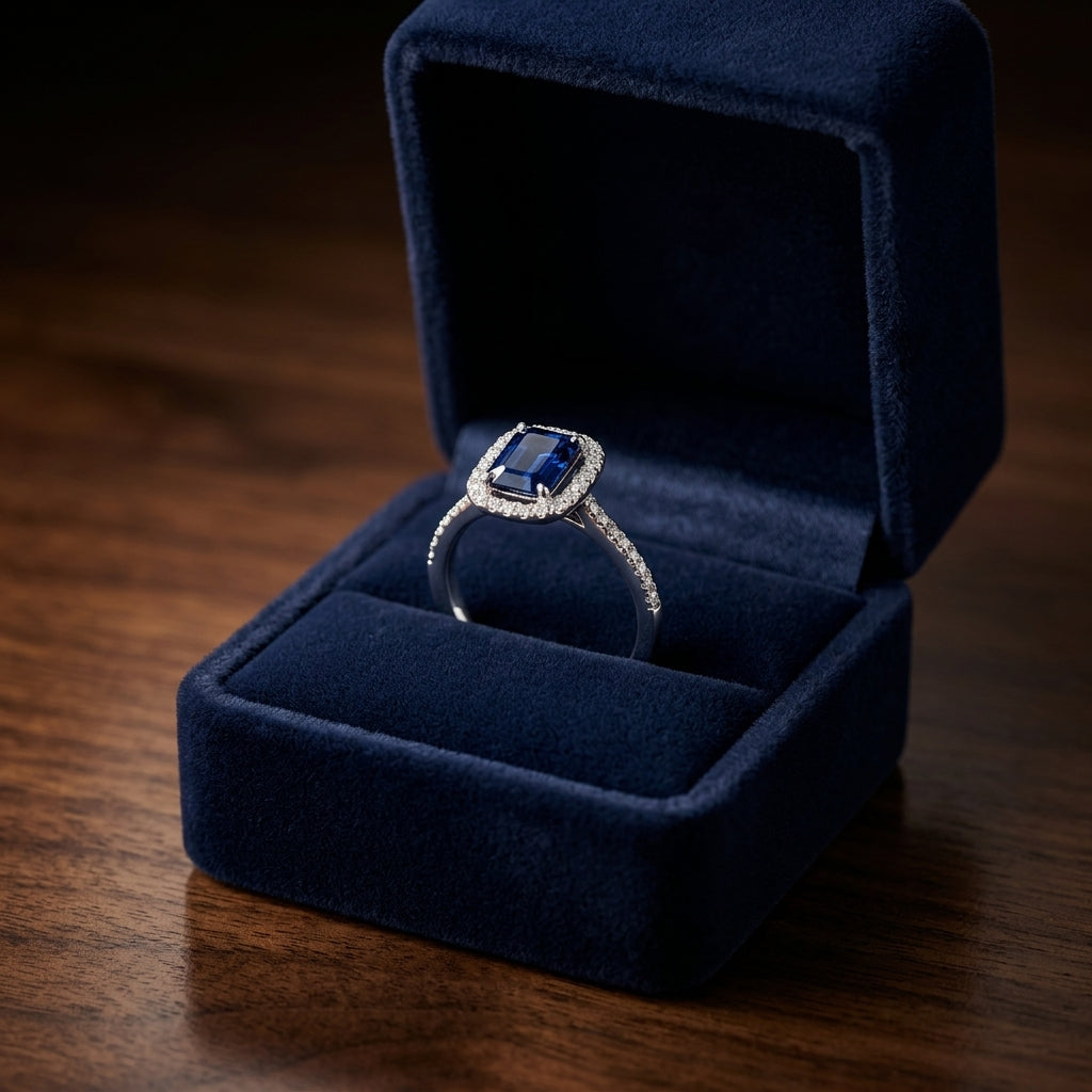 Emerald Cut Sapphire And Micropave Diamond Halo Ring In 14k White Gold — gift presentation