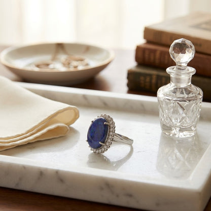 Black Opal / Blue and Diamond Bold Split Shank Ring in 14k White Gold (18x13mm Oval Center) — marble silk