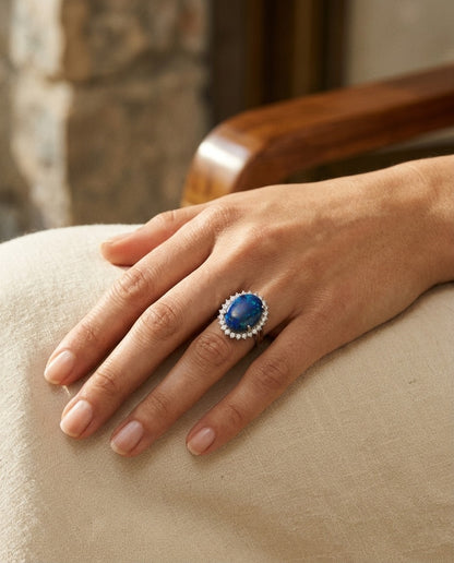 Black Opal / Blue and Diamond Bold Split Shank Ring in 14k White Gold (18x13mm Oval Center) — portrait close