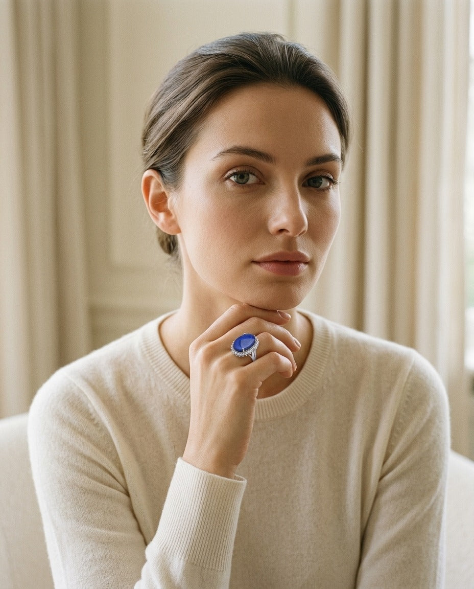 Black Opal / Blue and Diamond Bold Split Shank Ring in 14k White Gold (18x13mm Oval Center) — portrait full