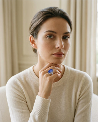 Black Opal / Blue and Diamond Bold Split Shank Ring in 14k White Gold (18x13mm Oval Center) — portrait full
