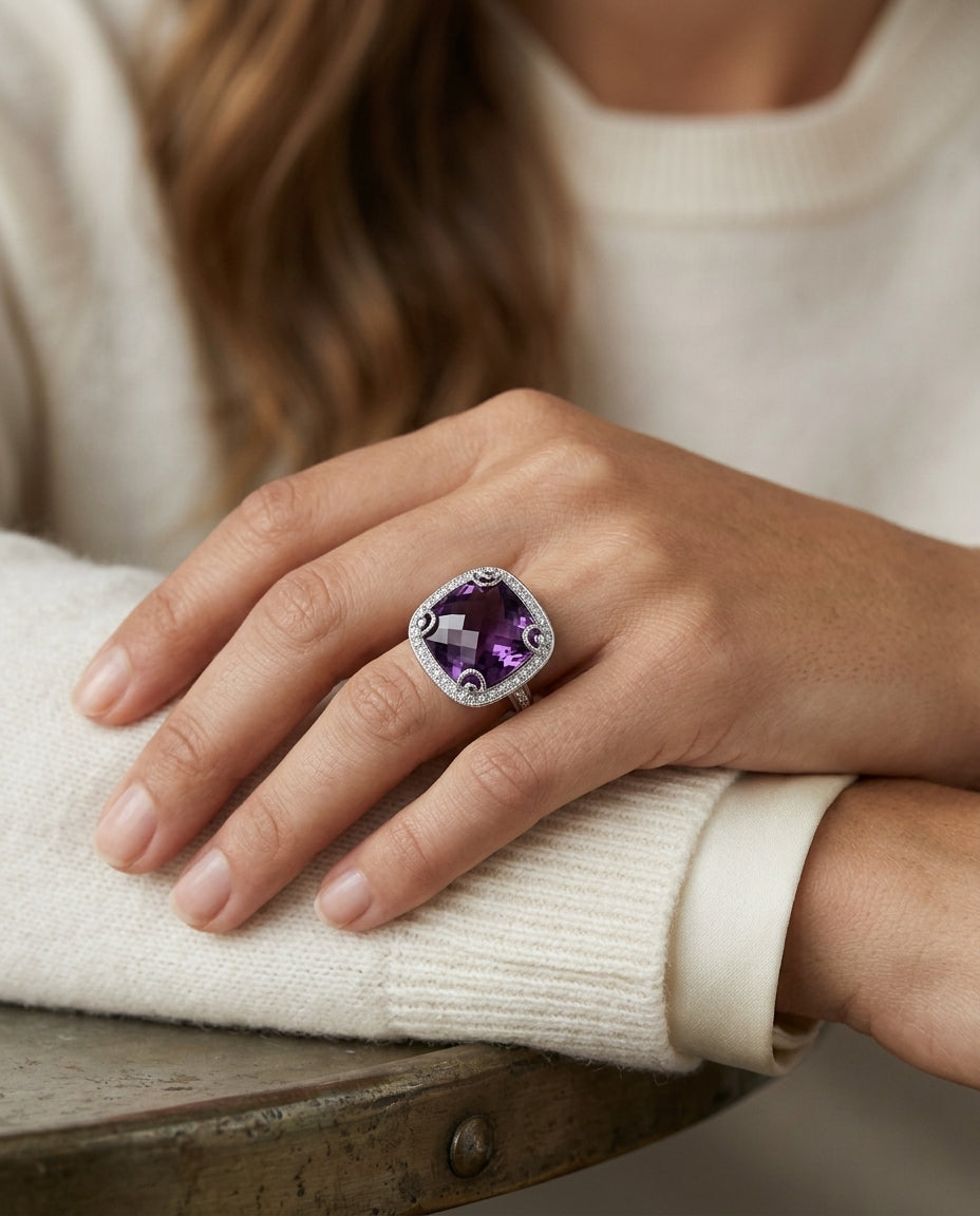 Amethyst And Diamond Ring In 14k White Gold — editorial close-up