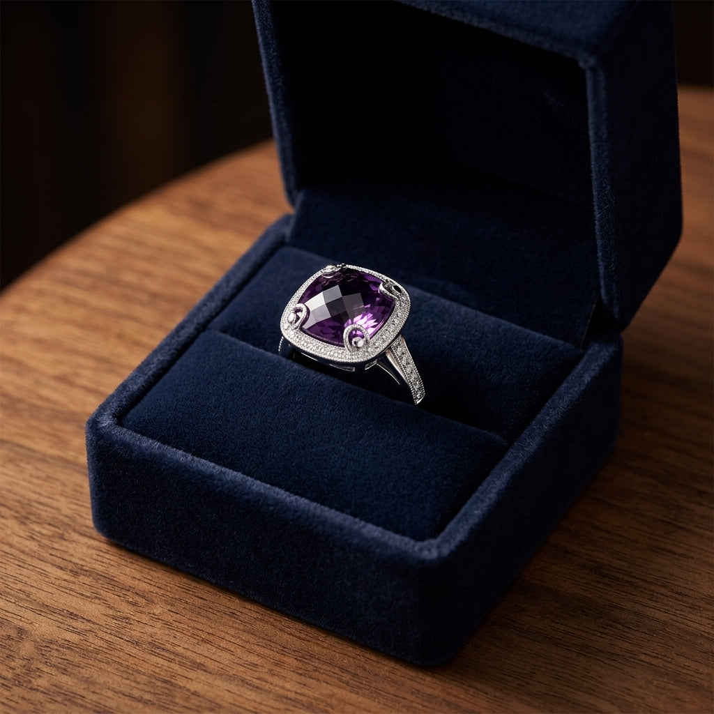 Amethyst And Diamond Ring In 14k White Gold — gift presentation