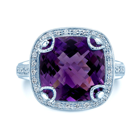 Amethyst And Diamond Ring In 14k White Gold