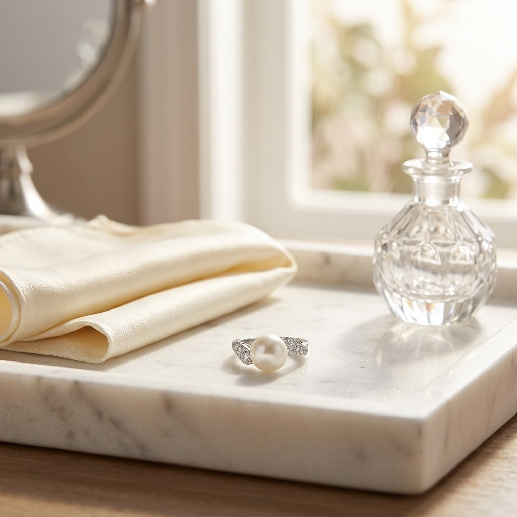 Freshwater Pearl And Diamond Ring In 14k White Gold — marble silk