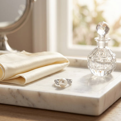 Freshwater Pearl And Diamond Ring In 14k White Gold — marble silk