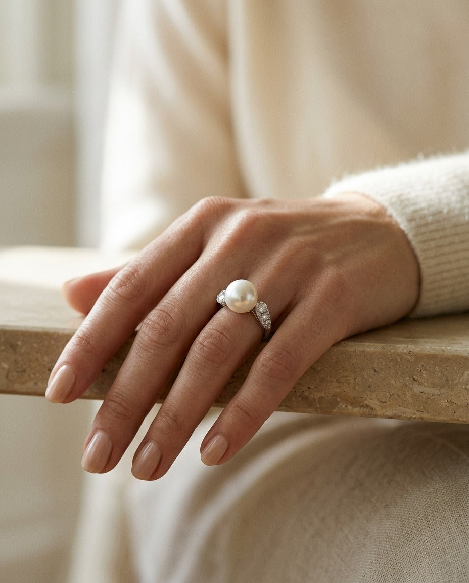 Freshwater Pearl And Diamond Ring In 14k White Gold — portrait close