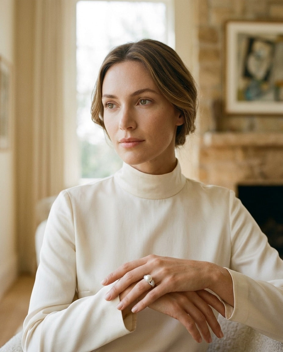 Freshwater Pearl And Diamond Ring In 14k White Gold — portrait full