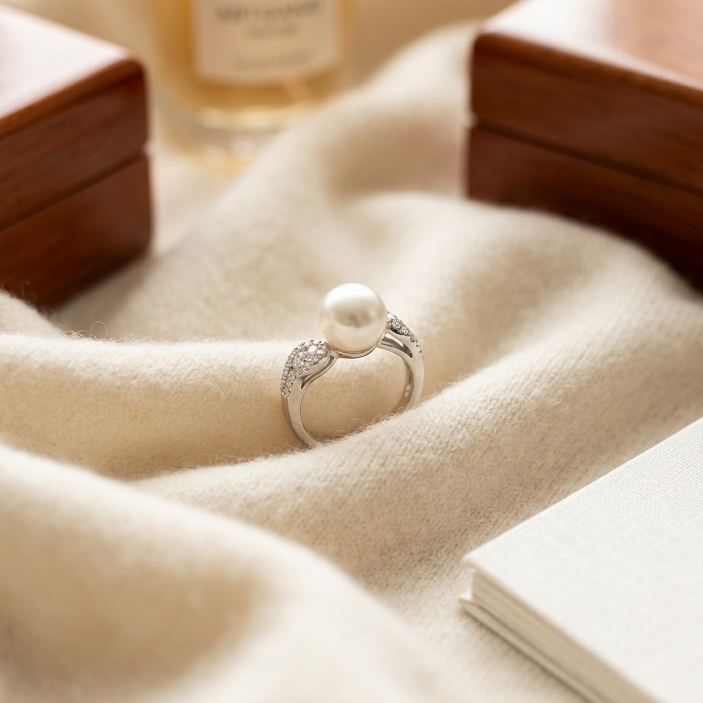 Freshwater Pearl And Diamond Ring In 14k White Gold — textile flat lay