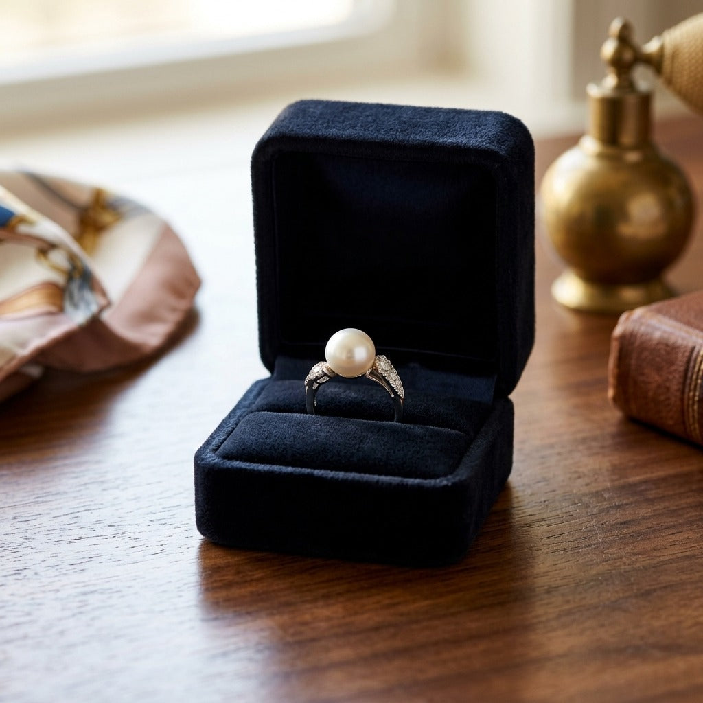 Freshwater Pearl And Diamond Ring In 14k White Gold — velvet box