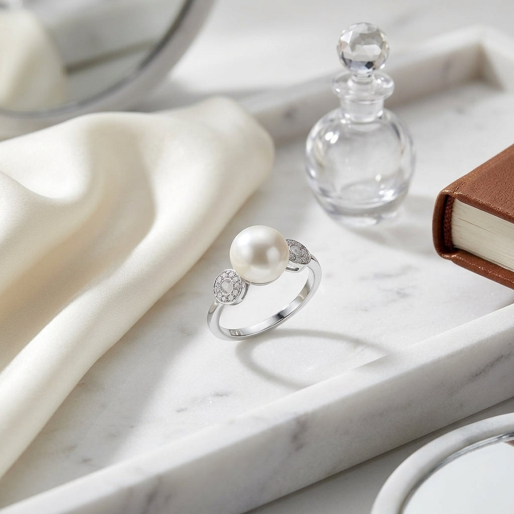 9mm Freshwater Pearl And Diamond Ring In 14k White Gold — atelier still life