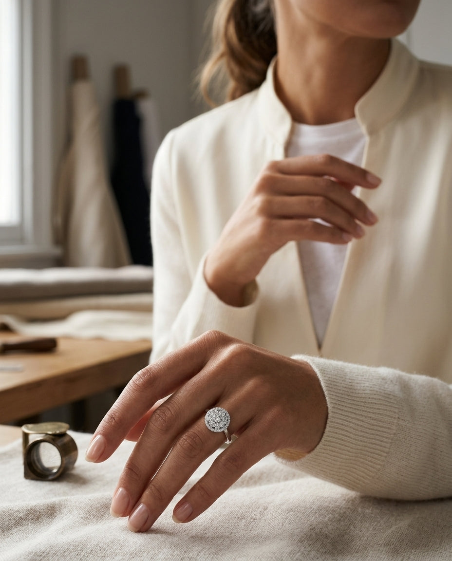 Diamond Halo Ring In 14k White Gold, Size 6 — editorial close-up