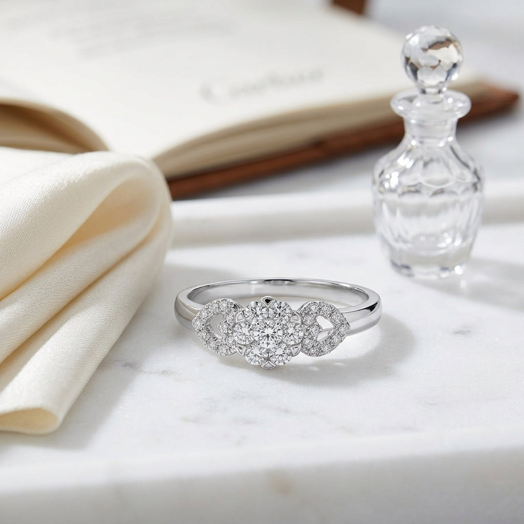 Diamond Cluster Ring With Heart-shape Shoulders In 14k White Gold — atelier still life