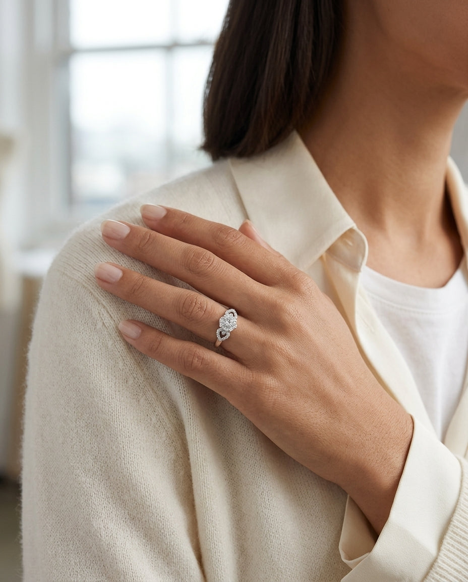 Diamond Cluster Ring With Heart-shape Shoulders In 14k White Gold — editorial close-up
