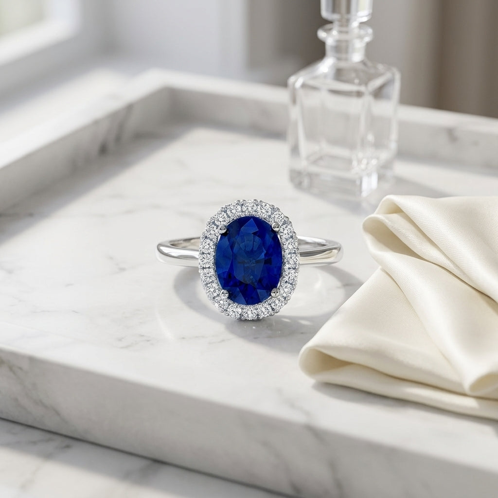 Sapphire And Diamond Halo Ring In 14k White Gold — atelier still life