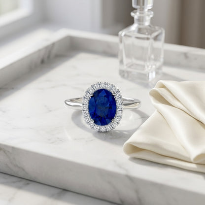 Sapphire And Diamond Halo Ring In 14k White Gold — atelier still life