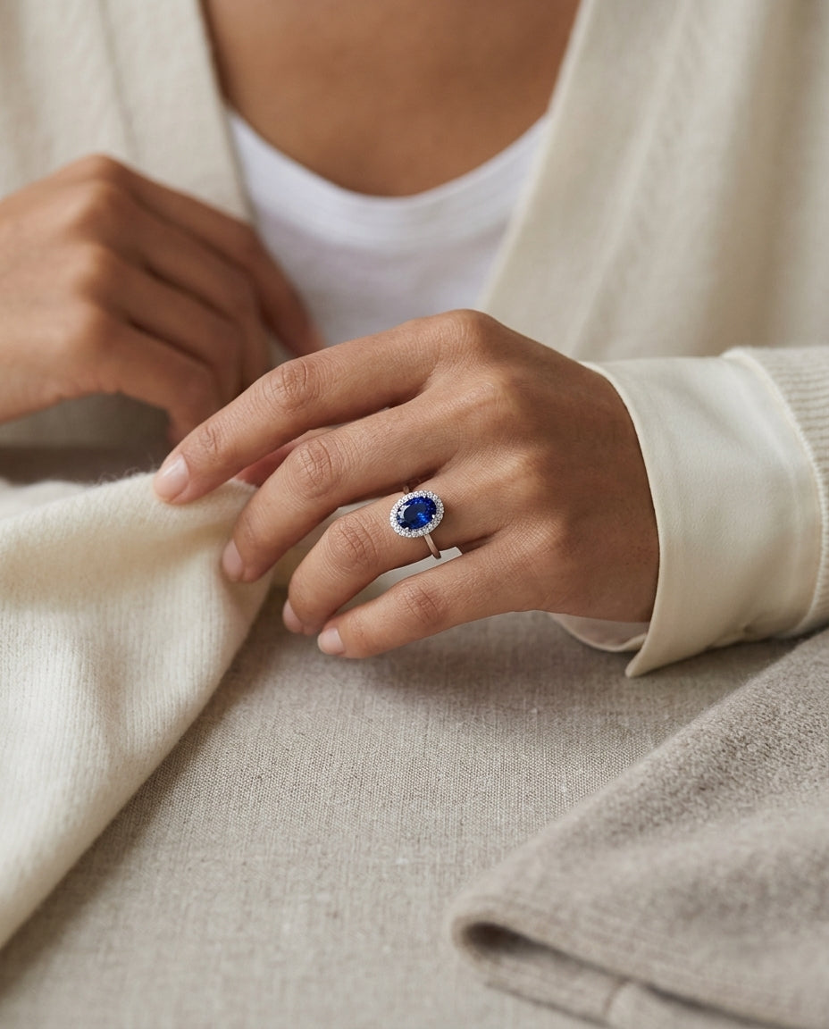 Sapphire And Diamond Halo Ring In 14k White Gold — editorial close-up