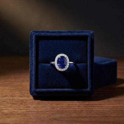 Sapphire And Diamond Halo Ring In 14k White Gold — gift presentation