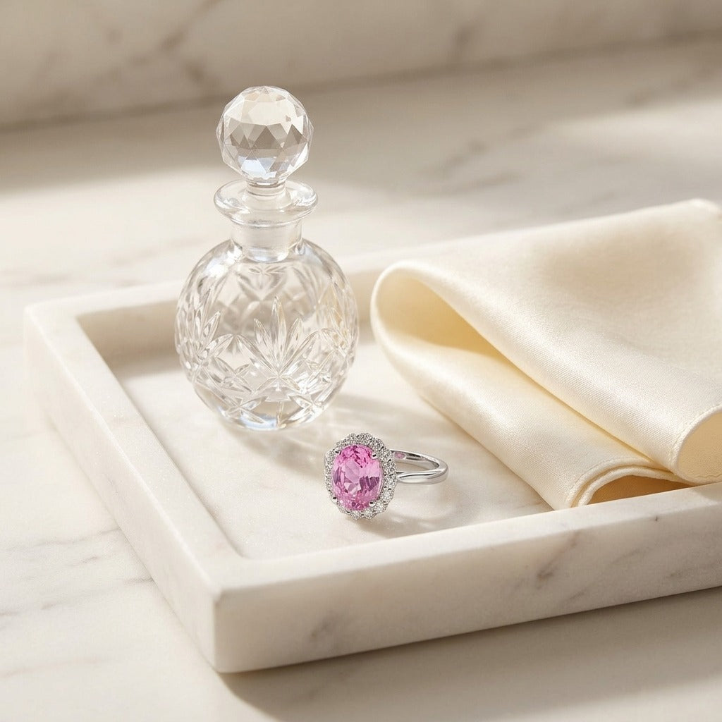 Oval Pink Sapphire And Diamond Halo Ring In 14k White Gold — marble silk